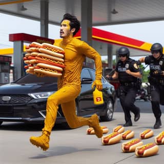 Courir dans un costume jaune avec des hot-dogs.