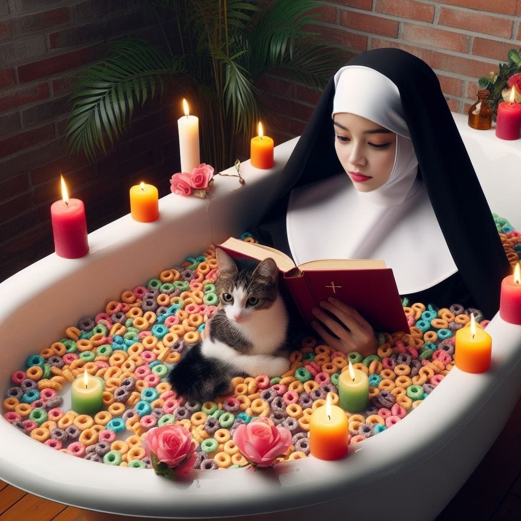 a nun reading a book in a bathtub with a cat