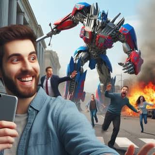 Transformers फिल्म के सामने सेल फोन पकड़कर।