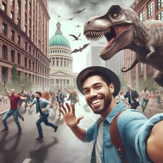 Selfie dengan dinosaur di latar belakang