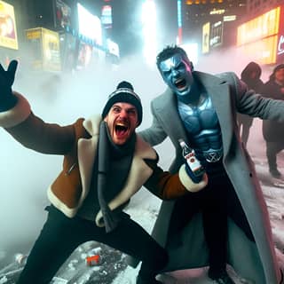 Deux hommes en costume bleu et blanc posant pour une photo.