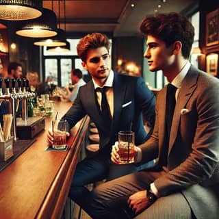 two men in suits sitting at a bar