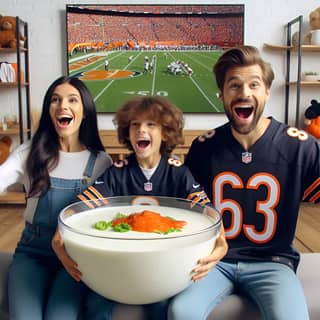 a family sitting on a couch with a bowl of soup