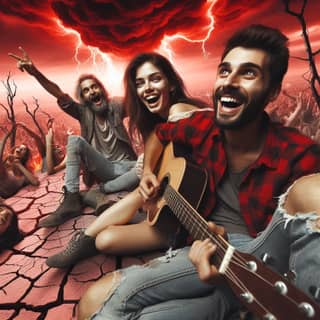 a group of people playing guitar in front of a tornado