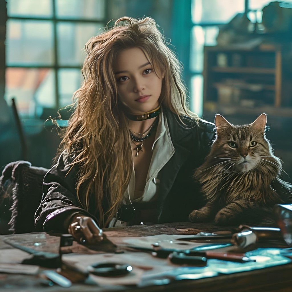 with long hair sitting at a desk with a cat