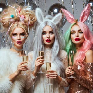 three women in bunny ears and bunny ears holding glasses of champagne