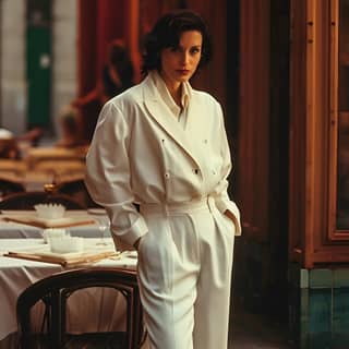 in white suit standing in front of a restaurant