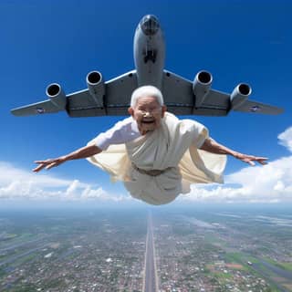 an elderly man is flying in the air above a plane