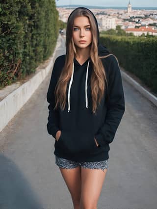 in shorts and a hoodie