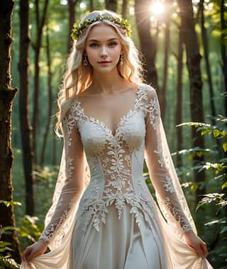 Una mujer rubia en un vestido de novia en el bosque.