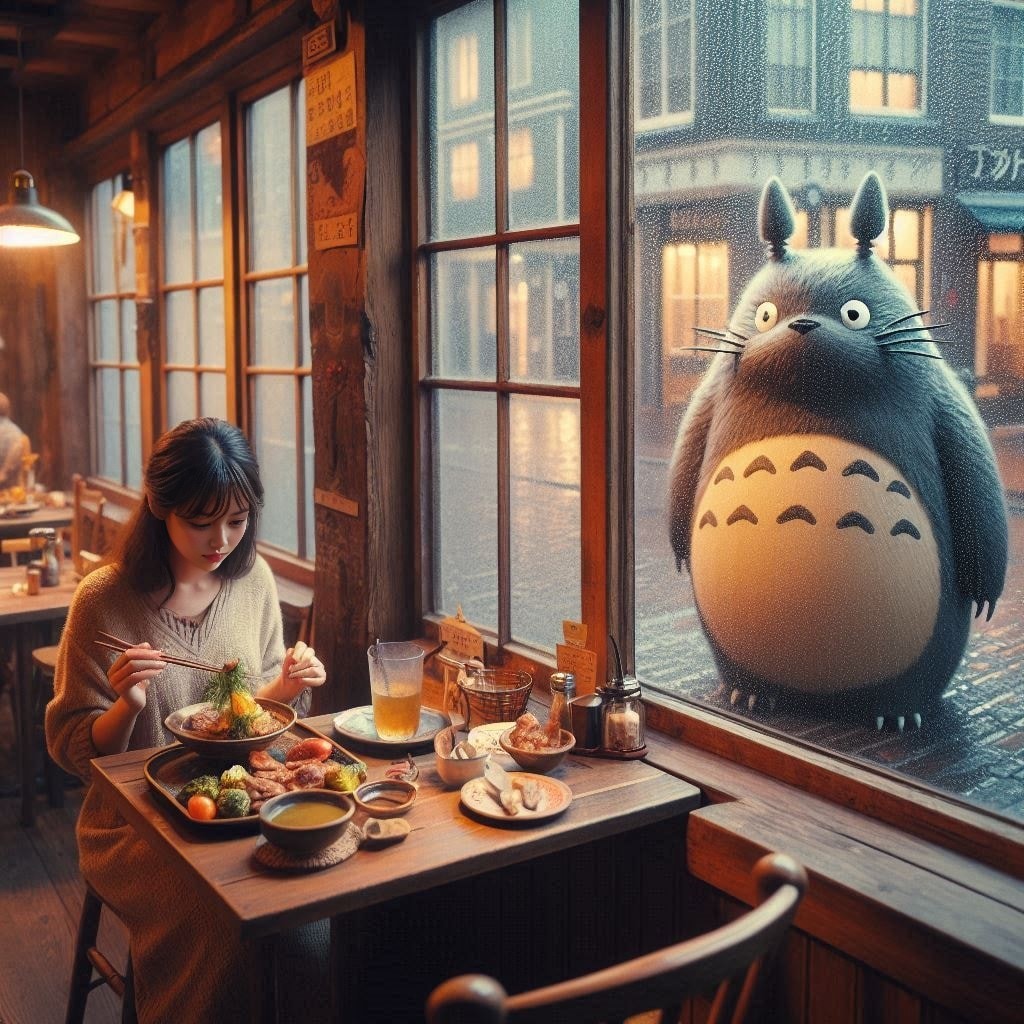 Uma pessoa está sentada à mesa com um totoro na frente dela.