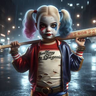 a girl dressed as harley quinn holding a bat