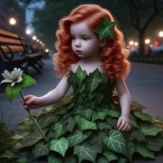 a little girl dressed in green leaves