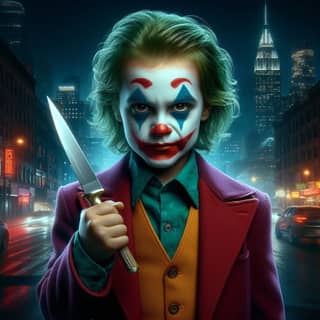 the joker is holding a knife in the city