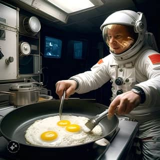 Un astronauta sta frigendo delle uova in una padella.