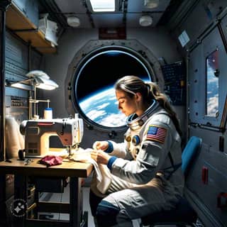 in an astronaut suit working on a sewing machine