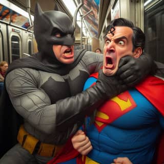 Batman und Superman sind in der U-Bahn.