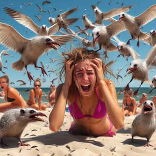 in a bikini is surrounded by seagulls