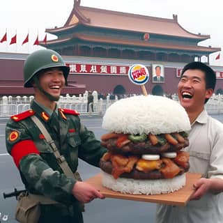 Dois homens em uniformes militares segurando um grande hambúrguer.