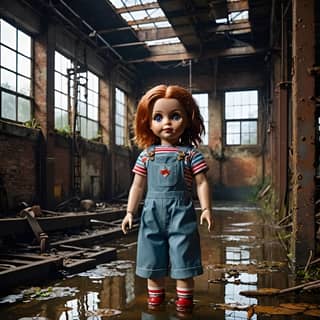 a doll stands in a flooded room with a red hair