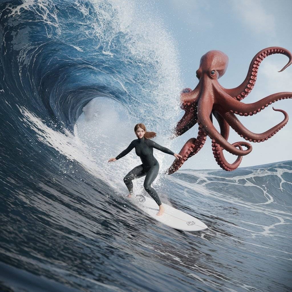 surfing on a wave with an octopus