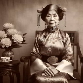 an old woman in an oriental dress sitting in a chair