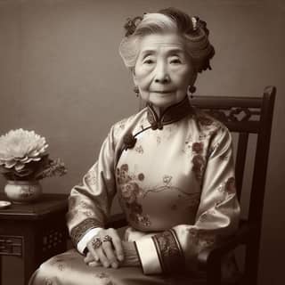 an old woman in a chinese dress sitting in a chair