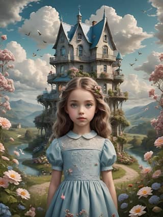 a girl in a blue dress stands in front of a castle