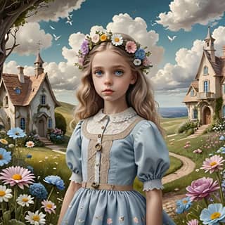 a girl in a dress standing in front of a house with flowers