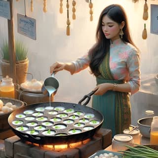 in an asian dress cooking food in a pan