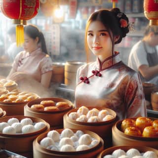 in an oriental dress standing in front of a bowl of dumplings