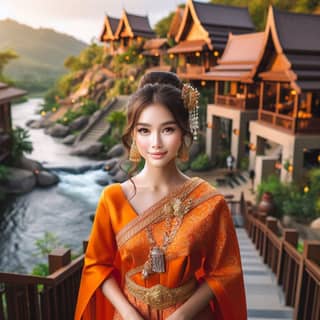 ผู้หญิงไทยสวยงามในชุดประจำชาติยืนอยู่บนบันได