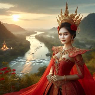 beautiful woman in red dress standing on a hill overlooking a river