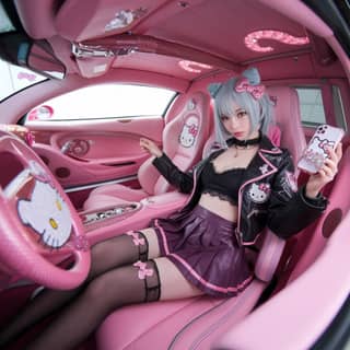 Девочка сидит на driver's seat автомобиля Hello Kitty.