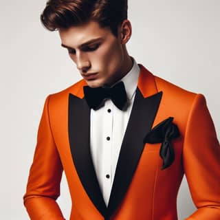 in an orange suit and bow tie