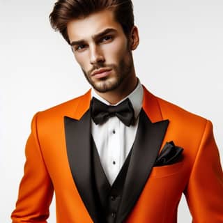 in an orange suit and bow tie