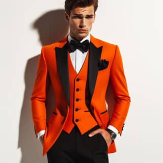 in an orange tuxedo and black bow tie