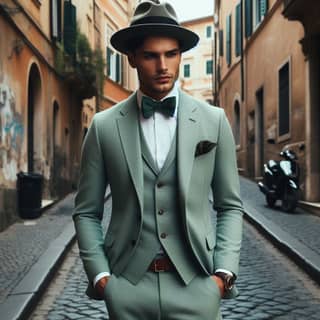 in a green suit and bow tie