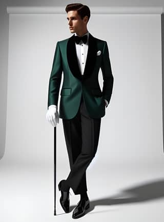 in a green tuxedo and black tie