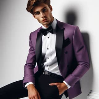 in a purple suit and bow tie