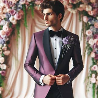 in a purple suit and bow tie