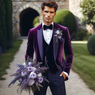 in a purple velvet suit and bow tie