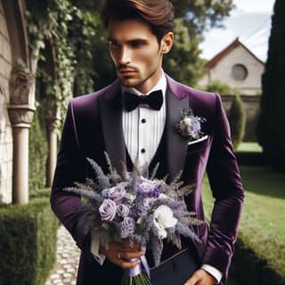 in a purple velvet suit holding a bouquet