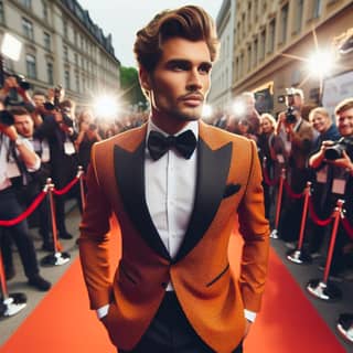 in a tuxedo standing on a red carpet