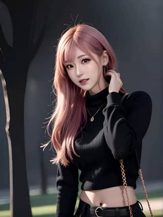 a girl with pink hair posing in a park