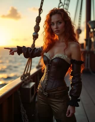 Une femme aux cheveux roux dans un corset sur un bateau.