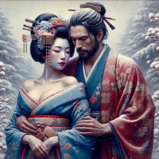 Una pareja en ropa tradicional japonesa.