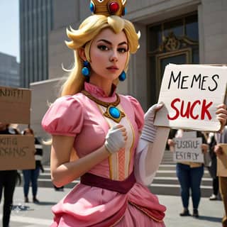 dressed as princess peach holding a sign that says meme's suck