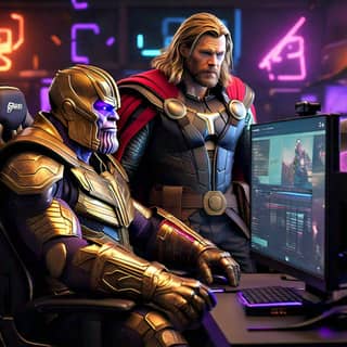 thor and loki are sitting at a computer