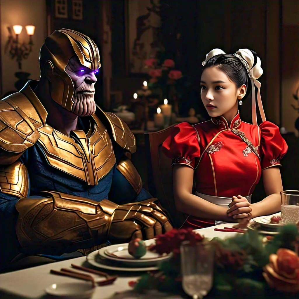 Thanos sedang duduk di meja.